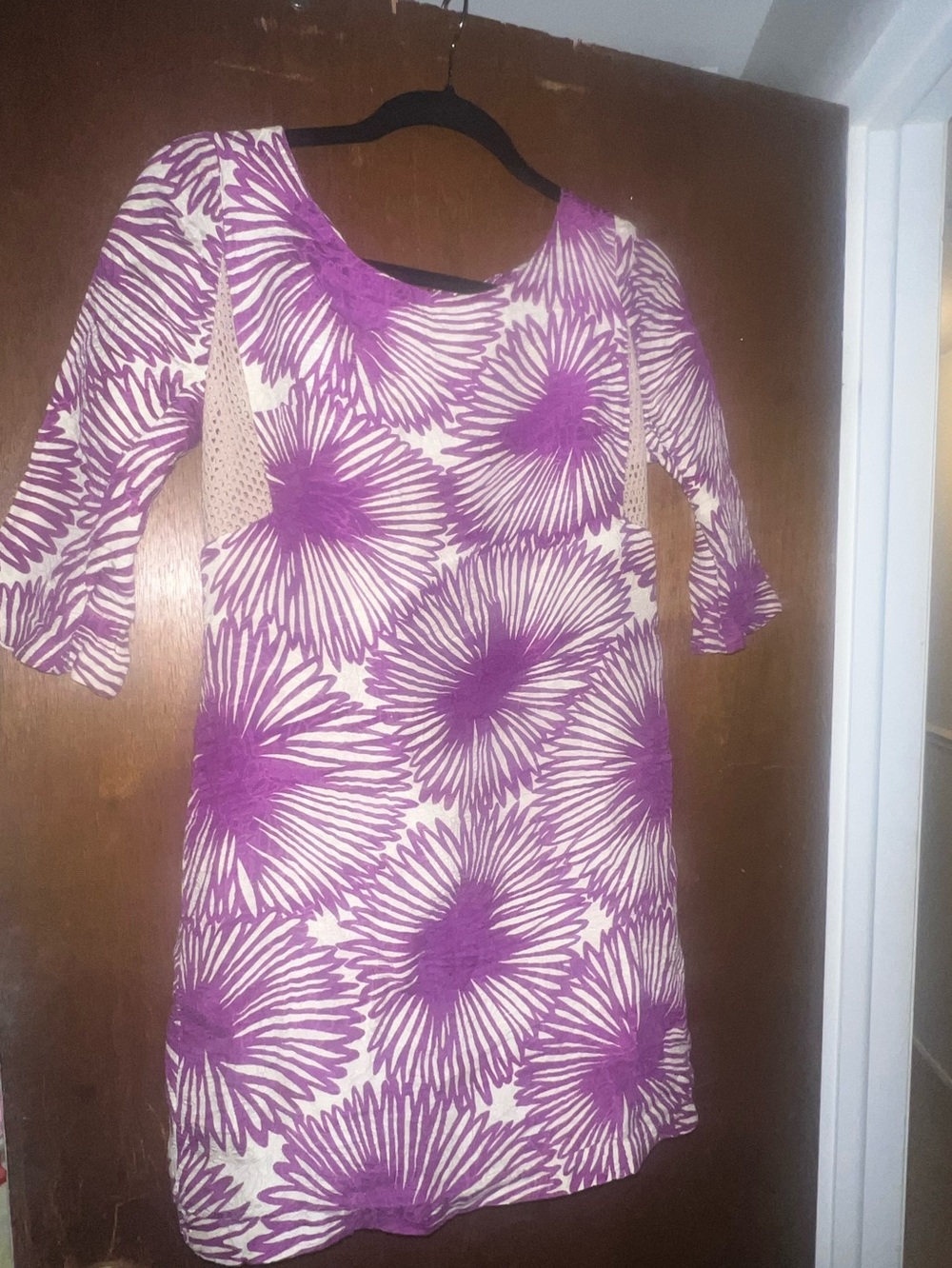 Tracy Reese Purple Floral Linen Silk Shift Dress Mesh Side Panels Size 6